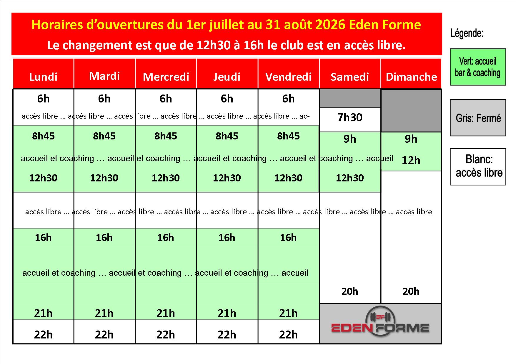 Horaires Été 2026 Eden Forme Le Beausset Horaires Été 2026 Eden Forme Le Beausset